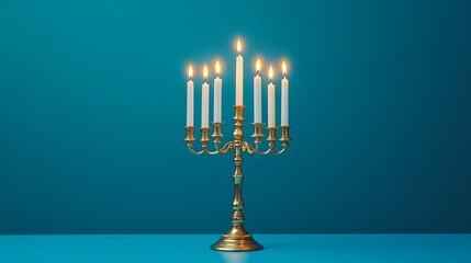 Fototapeta premium A stylish golden menorah with white candles against a vibrant turquoise background, perfect for Hanukkah celebrations, holiday cards, and festive decor.
