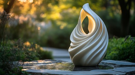 Ivory sculpture in an outdoor garden using high key lighting to create a bright luminous effect against the natural surroundings