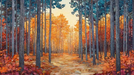 Fototapeta premium A Sunlit Path Through a Forest of Autumn Colors