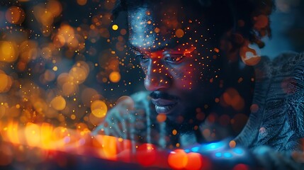 Close-up portrait of a man with glowing dots on his face, intensely focused on a glowing surface.