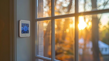 Smart thermostat on wall, autumn sunset view through window.