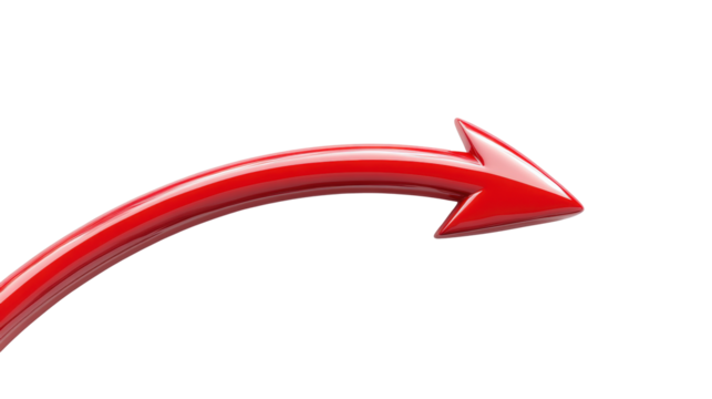 A sleek, shiny red arrow curves elegantly against a white background, conveying a sense of direction and movement in a dynamic way.