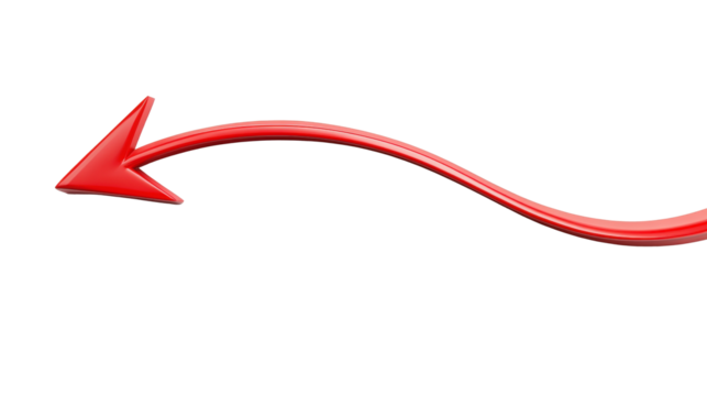 A smooth, red, wavy arrow pointing to the left against a white background, suggesting movement or direction.