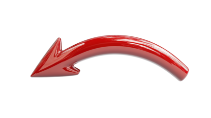 A shiny red arrow curves downward against a plain white background, suggesting movement or direction in a dynamic and bold style.
