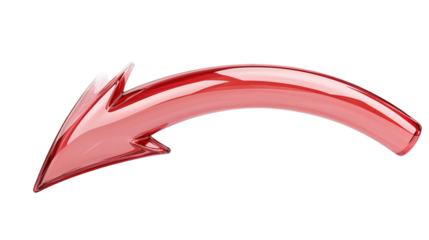 A glossy, curved red arrow points diagonally downward, casting a soft shadow on a white background, suggesting movement or direction change.