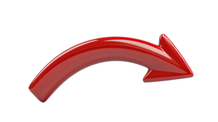 A shiny red 3D arrow curving dynamically against a plain white background, symbolizing direction or movement in a creative and modern design.