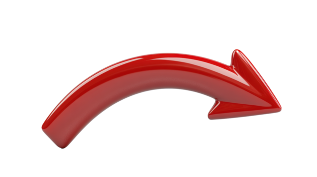 A shiny red 3D arrow curving dynamically against a plain white background, symbolizing direction or movement in a creative and modern design.