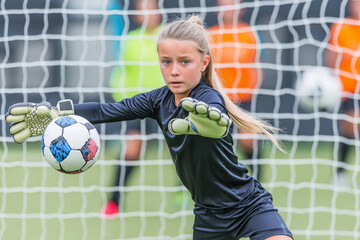 Confident blonde girl goalkeeper makes a stunning save during an intense soccer match with players in the background