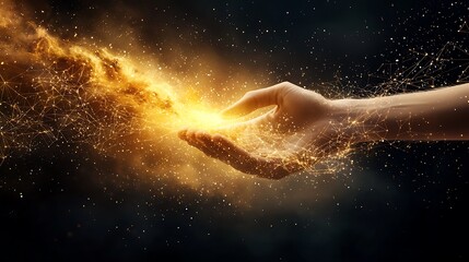 Obraz premium A high-tech space landscape featuring a digital constellation hand with geometric star projections, holographic wireframe networks, and tech particle streams flowing in deep space, creating 