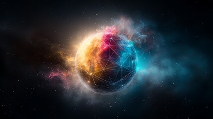 A premium visualization of a futuristic galaxy with network node connections and holographic wireframe projections interacting with tech particle streams in a modern low poly style. Ultra-Realistic, 