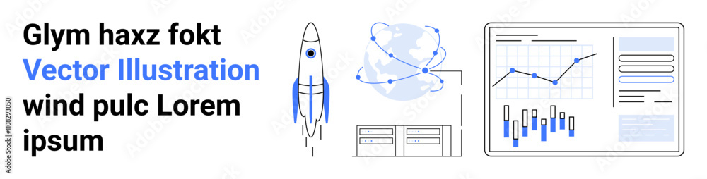 Poster rocket launching, globe with network links, chart dashboard, and window panels. ideal for data analy