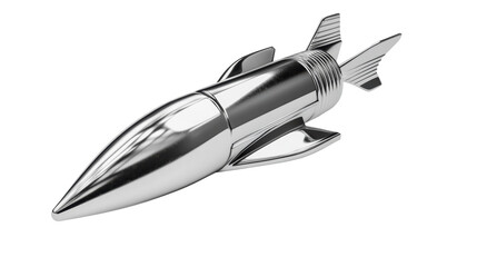Chrome rocket ship flying through space with transparent background
