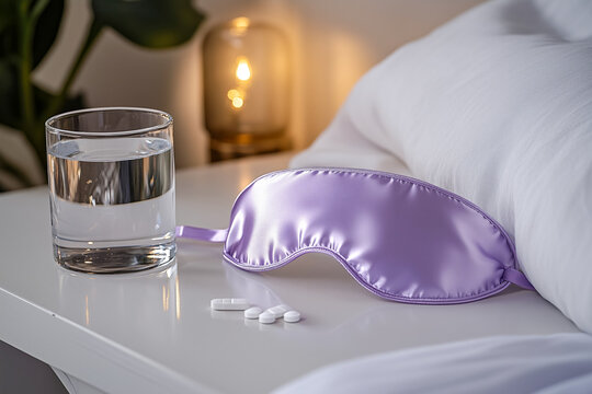 Sleep mask, glass of water and supplements for fight against insomnia and stress on nightstand in cozy bedroom. Concept of enhancing sleep quality through relaxation techniques and wellness practices