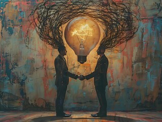 Two businessmen shaking hands, illuminated by a large lightbulb with swirling energy above, symbolizing a collaborative idea or successful partnership.