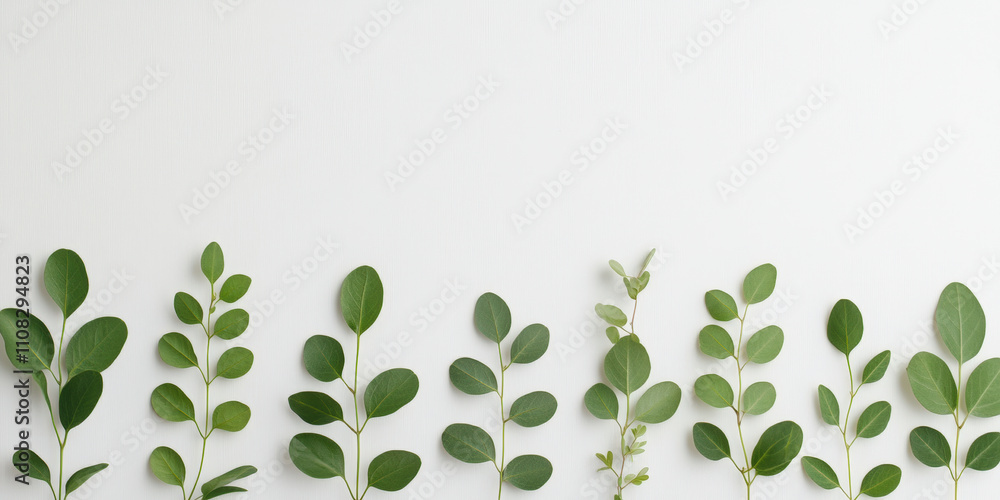 Poster rows of various green leaves are neatly arranged against a light background, showcasing diverse shap