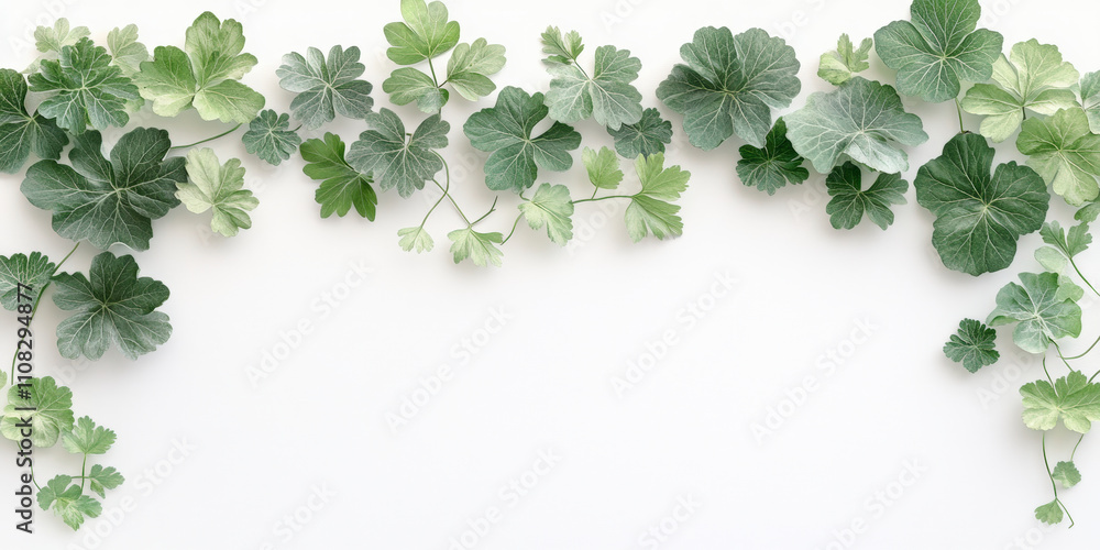 Poster delicate green and white leaves cascade across a light background, creating a fresh and calming natu
