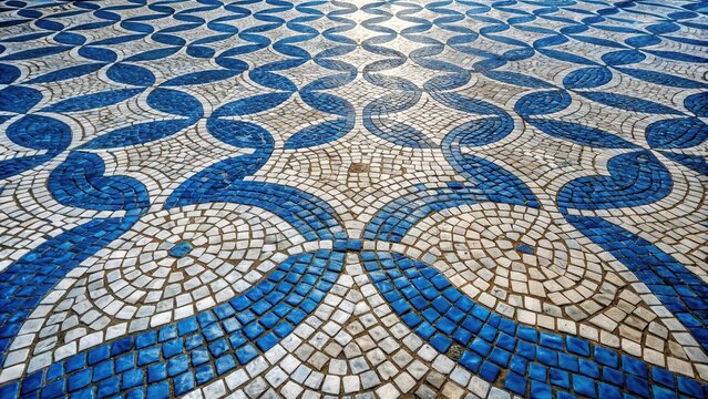 A symmetrical pattern of blue and white cobblestones create a visual illusion of overlapping circles on a walkway.