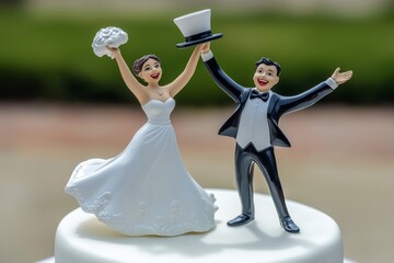 Plastic wedding cake topper featuring joyful couple in formal attire celebrating their special day with a green blurred backdrop
