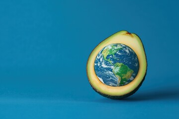 Fototapeta premium A halved avocado showcasing Earth’s globe in the seed area on a blue backdrop