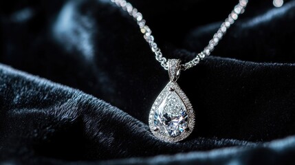 Fototapeta premium Elegant Silver Necklace with Diamond Teardrop Pendant on Black Fabric