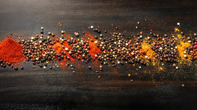 Colorful variety of spices arranged creatively on a dark wooden surface in an artistic display
