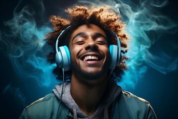 Happy young man with headphones, enjoying music, surrounded by blue smoke.