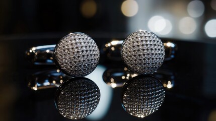 Obraz premium Elegant Diamond-Studded Cufflinks on Glossy Black Surface