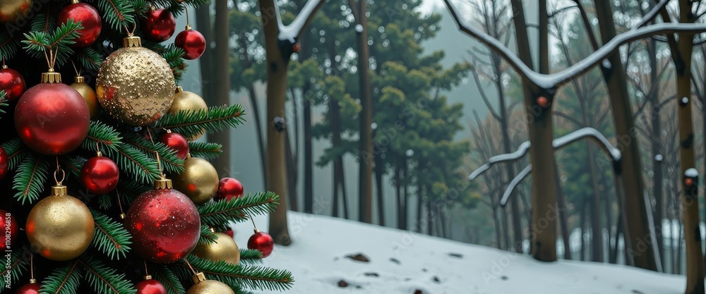 Poster a snowy path with a row of christmas trees lit up with lights. the scene is peaceful and serene, wit