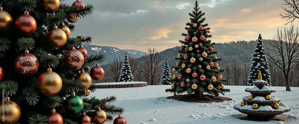 Poster a snowy path with a row of christmas trees lit up with lights. the scene is peaceful and serene, wit