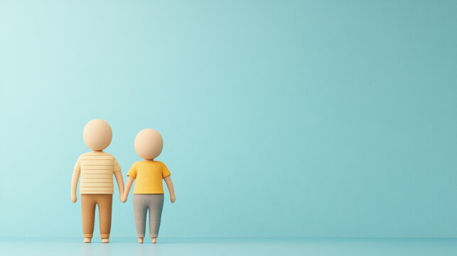Two simplistic, clay-like figures stand hand in hand against a light blue background, symbolizing companionship and togetherness in a minimalistic style.
