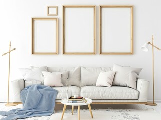 A modern living room interior with a white sofa. a coffee table. and three empty wooden frames on the white wall