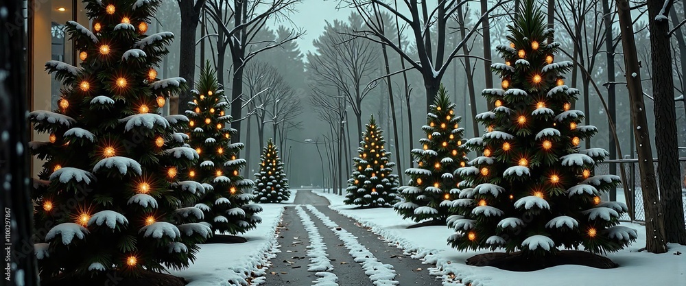 Poster a snowy path with a row of christmas trees lit up with lights. the scene is peaceful and serene, wit