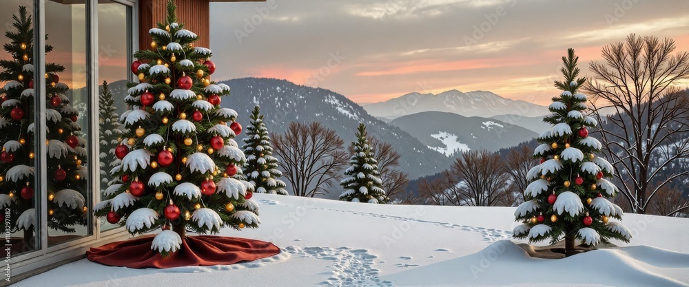Poster a snowy path with a row of christmas trees lit up with lights. the scene is peaceful and serene, wit