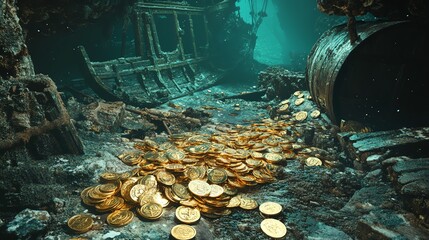 Underwater treasure from a sunken ship, showcasing gleaming gold coins.