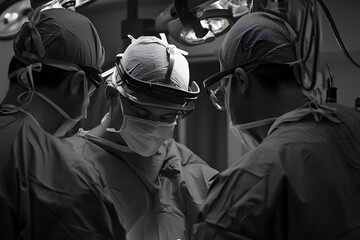 Surgical team performing a complex operation in a sterile environment under bright lights