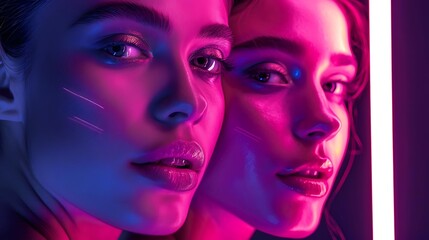 Fototapeta premium Close-up portrait of two young women with neon lighting, showcasing their faces and makeup.