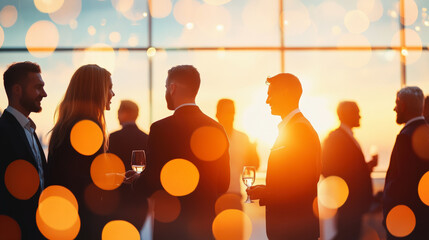People in formal attire mingling at a cocktail party, with a beautiful sunset view and bokeh lights creating a warm, inviting ambiance.