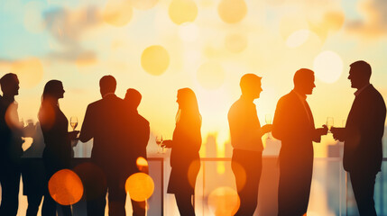 Silhouetted group of people enjoying a rooftop gathering at sunset, holding drinks and engaging in conversation against a city skyline backdrop.