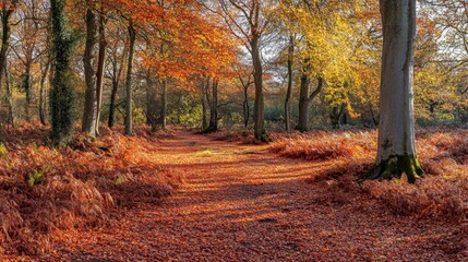 Fototapeta premium Autumnal Forest Path with Fallen Leaves and Tree Trunks
