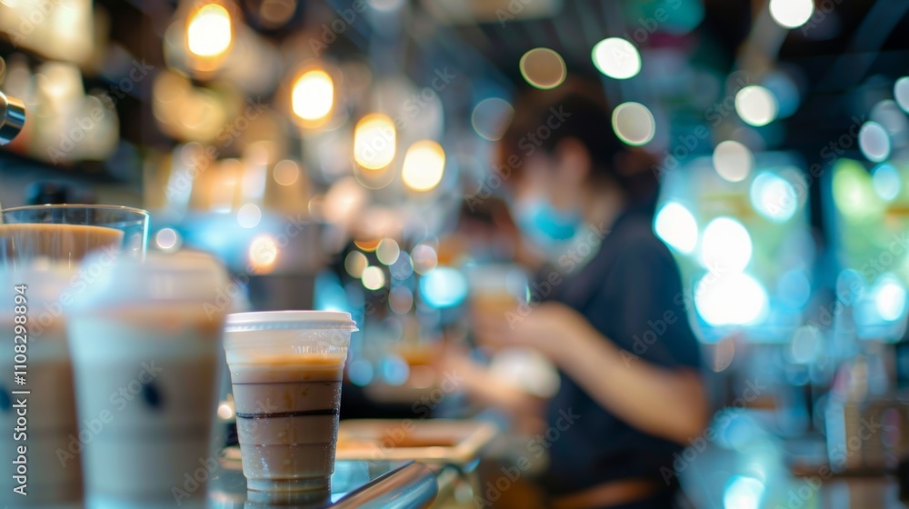 Poster blurry the baristas are a blur of activity behind the counter taking orders and creating delicious d