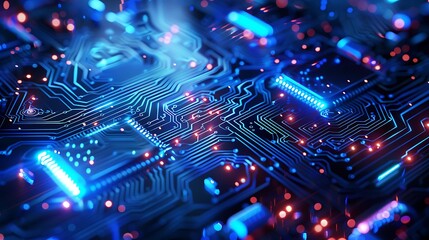 Fototapeta premium Circuit Board with Blue and Red Lights