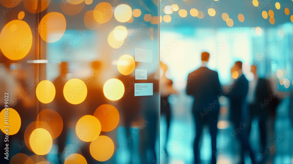 Poster a blurred group of people networking in a modern office setting, with warm bokeh lights creating a l