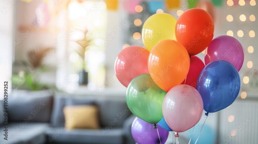Poster soft focus on a rainbow of helium balloons floating in the corner of the room creating a playful bac