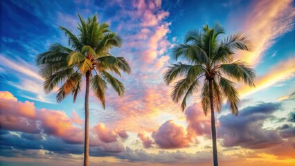 Two Palm Trees Silhouetted Against a Dramatic Sunset Sky with Clouds in a Vibrant Palette of Pink, Orange, and Blue Hues