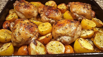 Roasted chicken thighs and potatoes with lemon.