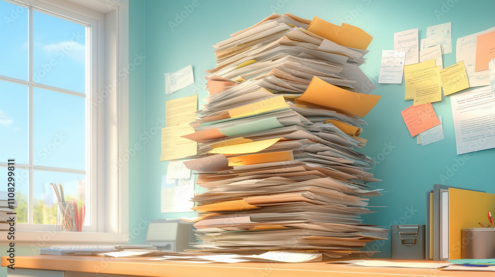 Poster a cluttered office desk with an enormous stack of papers and folders, surrounded by sticky notes on 