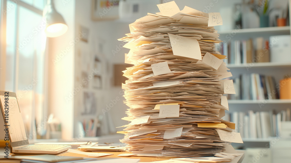Aufkleber a towering stack of papers is piled on a cluttered desk, symbolizing overwhelming office work and ur