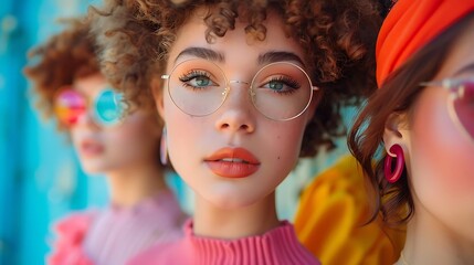 Obraz premium Close-up portrait of three young women with vibrant makeup and stylish eyewear against a colorful background.