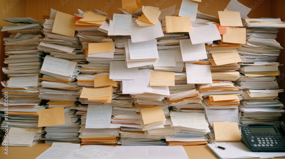 Poster a cluttered office desk with towering piles of documents and sticky notes scattered throughout, alon