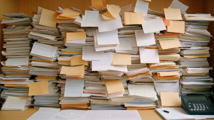 A cluttered office desk with towering piles of documents and sticky notes scattered throughout, alongside a calculator, creating a chaotic and busy workspace atmosphere.